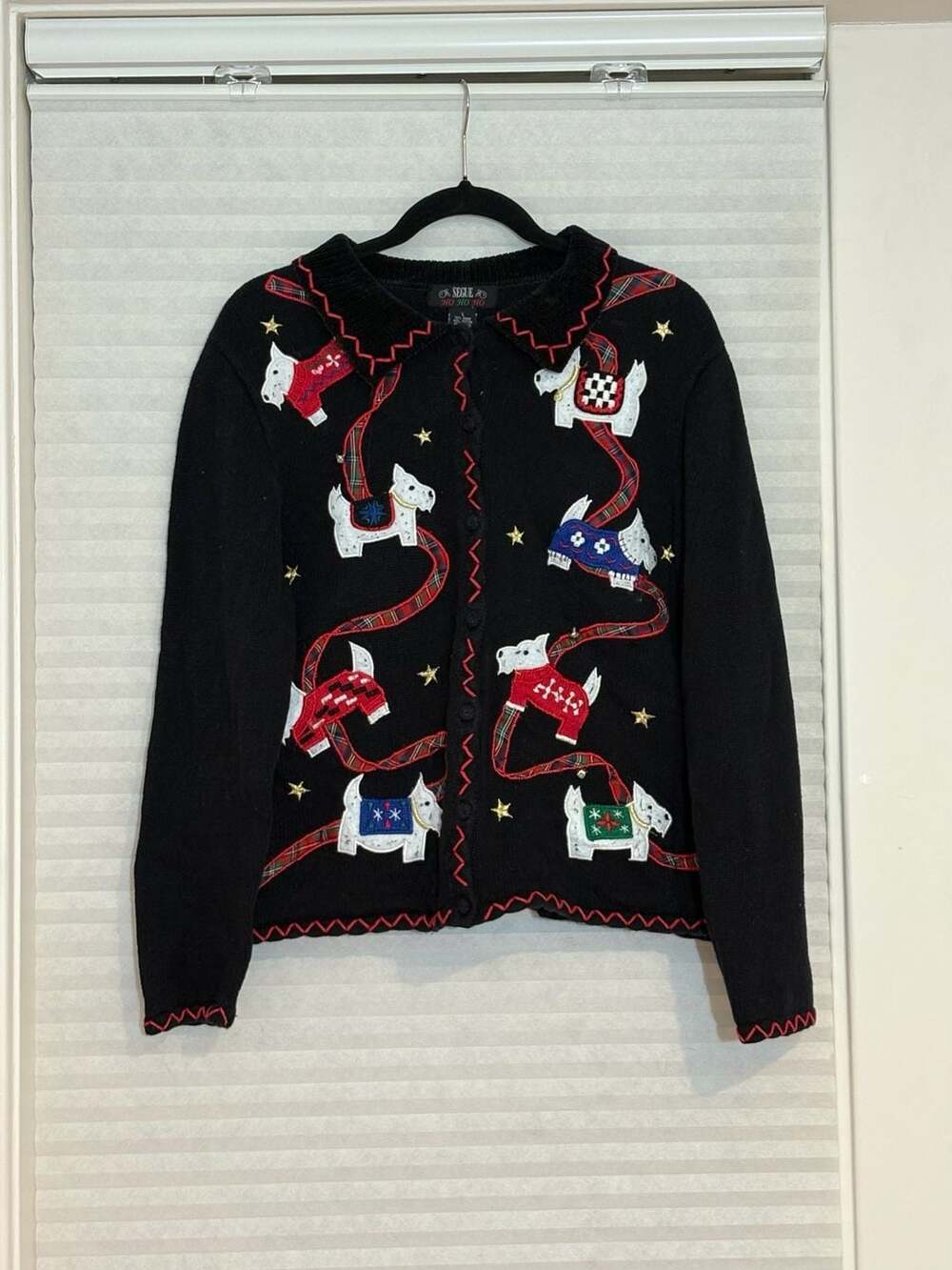 Segue Christmas Sweater Size L Black Scottie Dog Cardigan